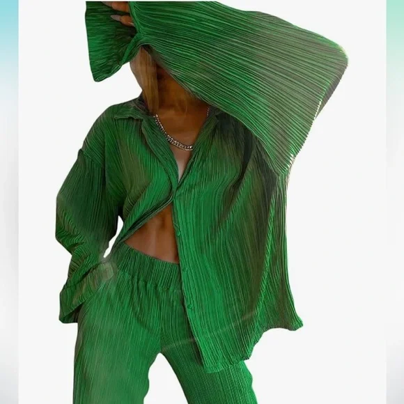 2 Piece Set Pleated Long Sleeve Loose Fit Button Down Shirt Wide Leg Pants Green - Picture 2 of 12